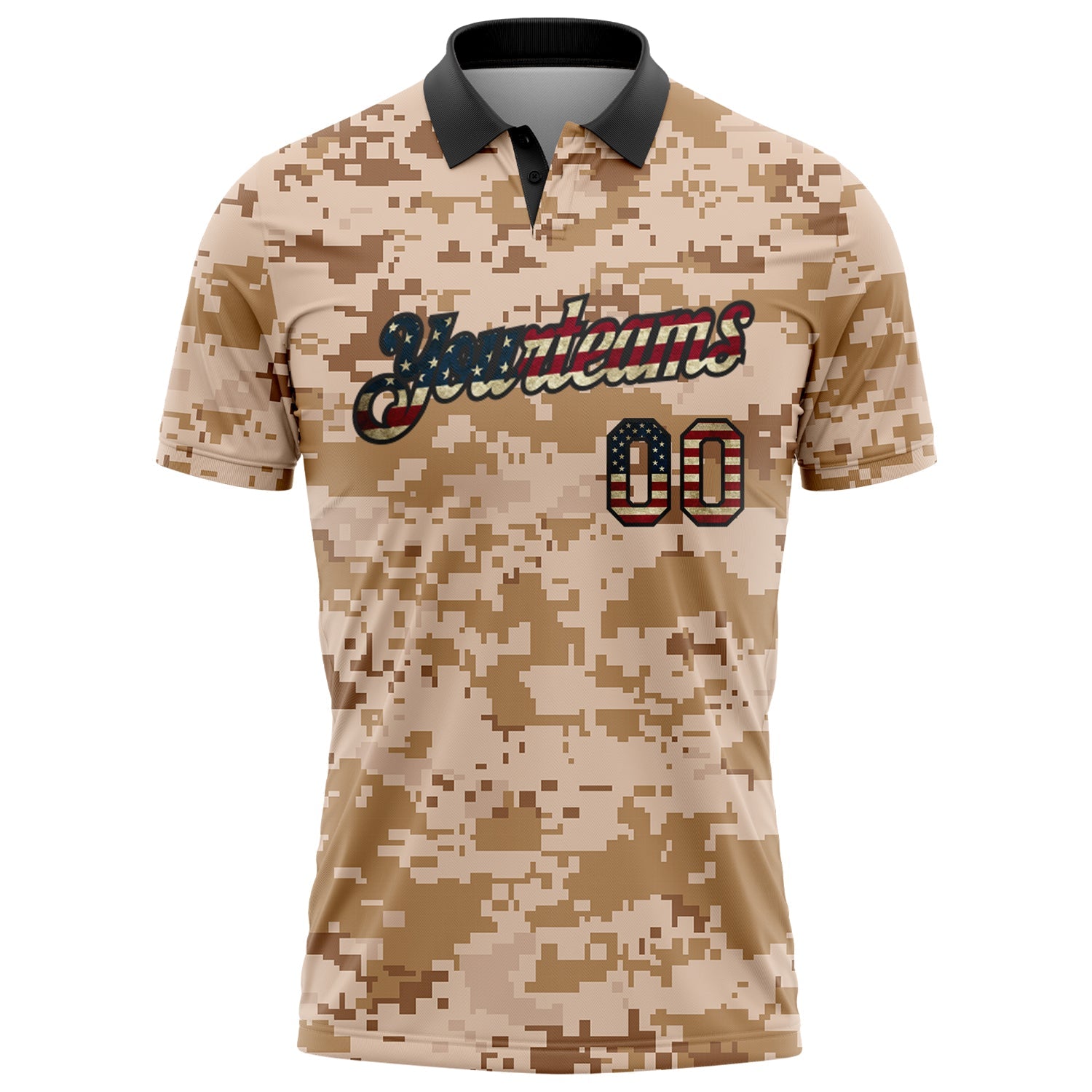 Custom Camo Vintage USA Flag-Black Patriotic Desert Camouflage Performance Polo Shirt view 2