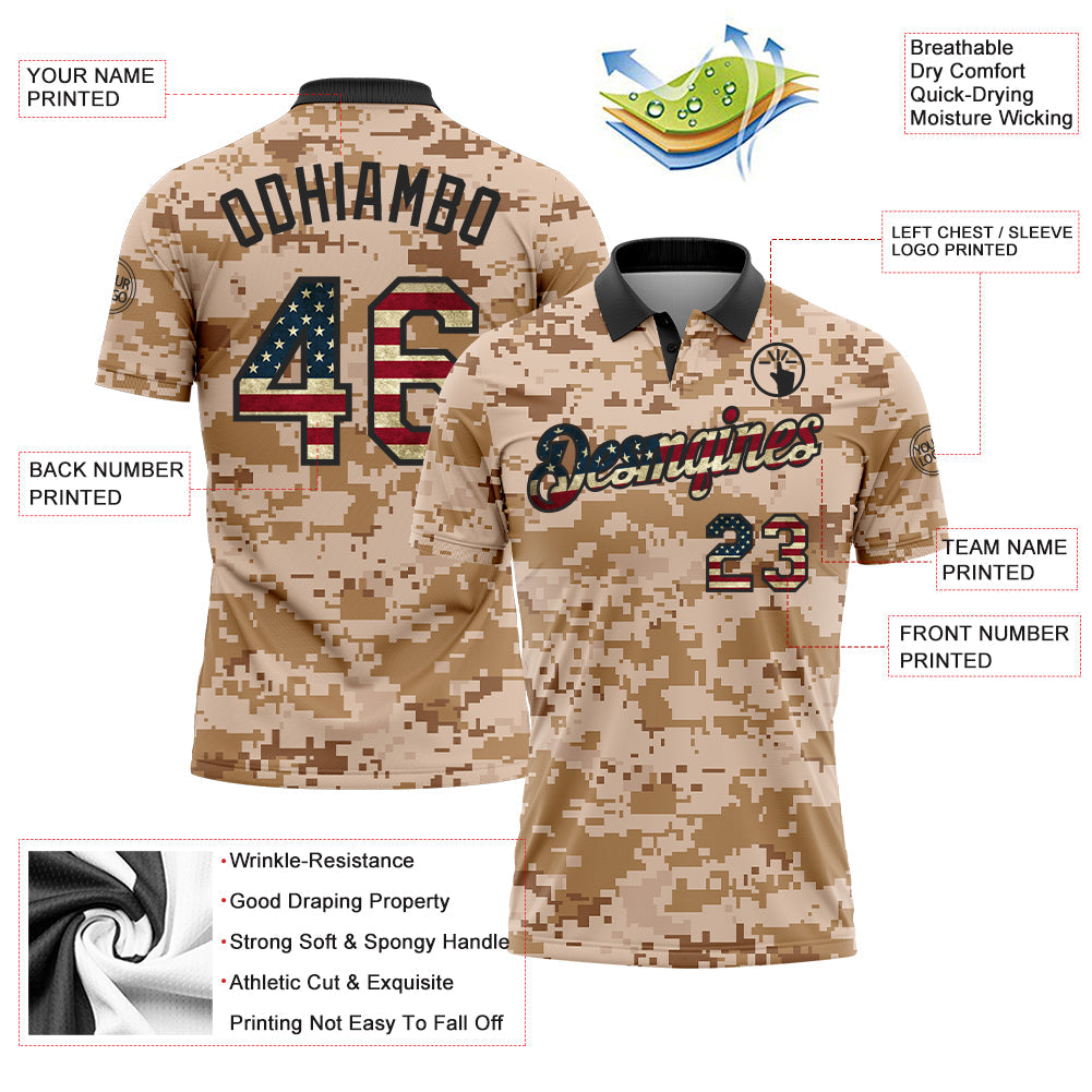 Custom Camo Vintage USA Flag-Black Patriotic Desert Camouflage Performance Polo Shirt view 3