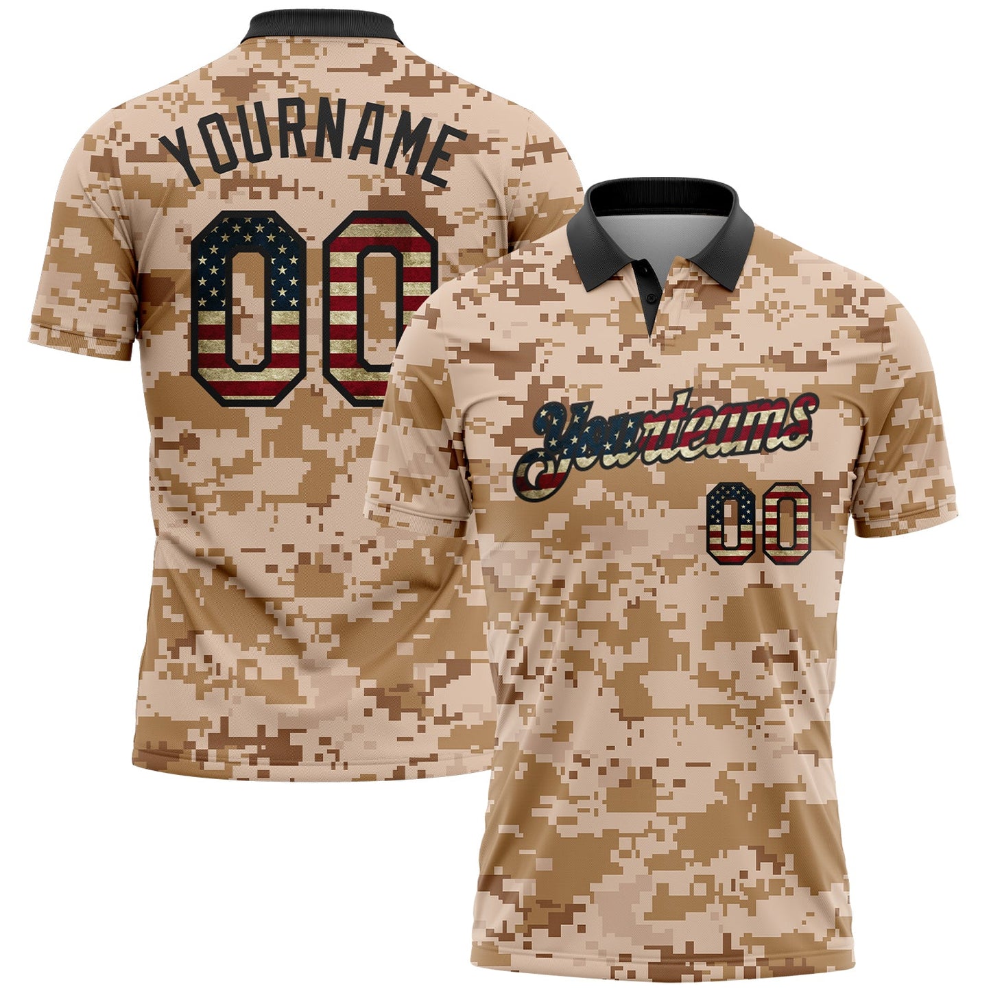 Custom Camo Vintage USA Flag-Black Patriotic Desert Camouflage Performance Polo Shirt - Main View