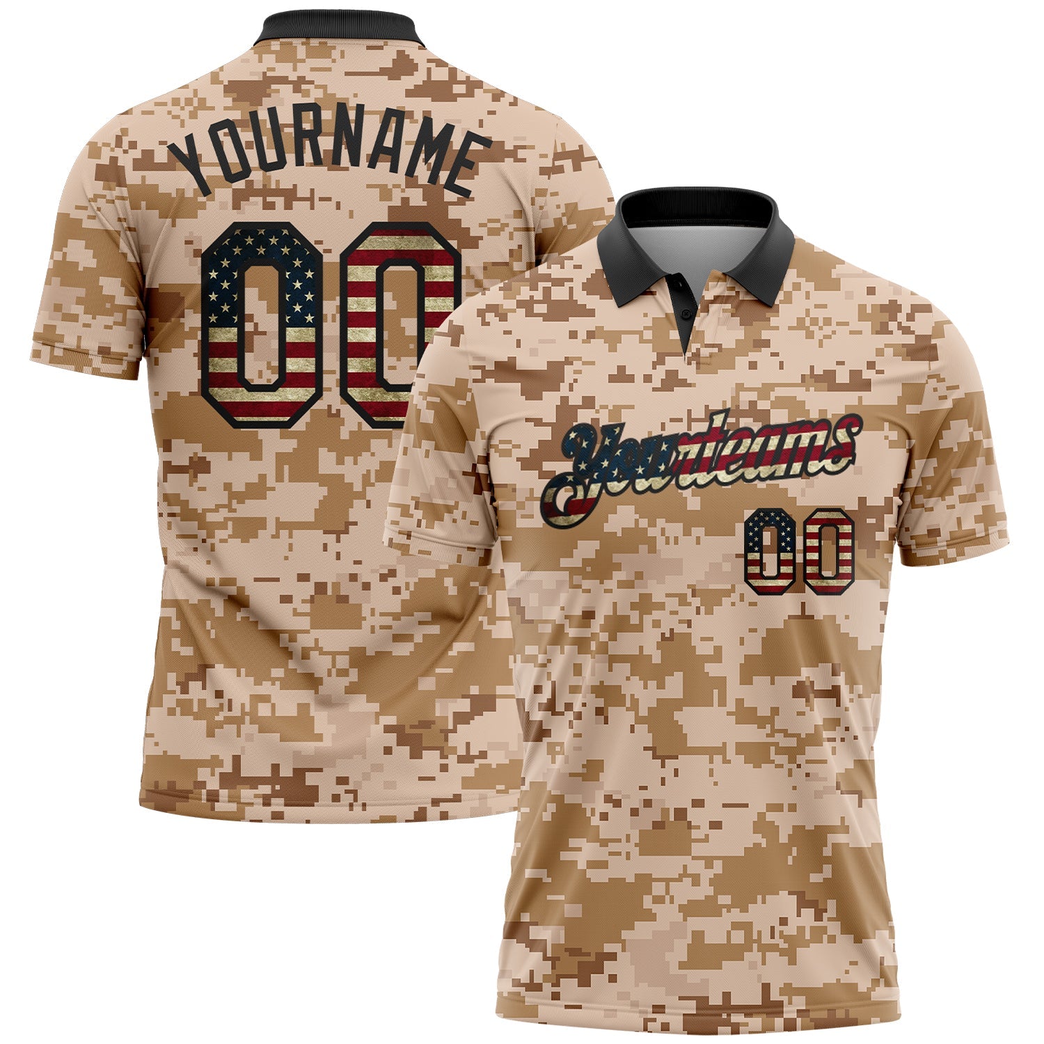 Custom Camo Vintage USA Flag-Black Patriotic Desert Camouflage Performance Polo Shirt - Main View