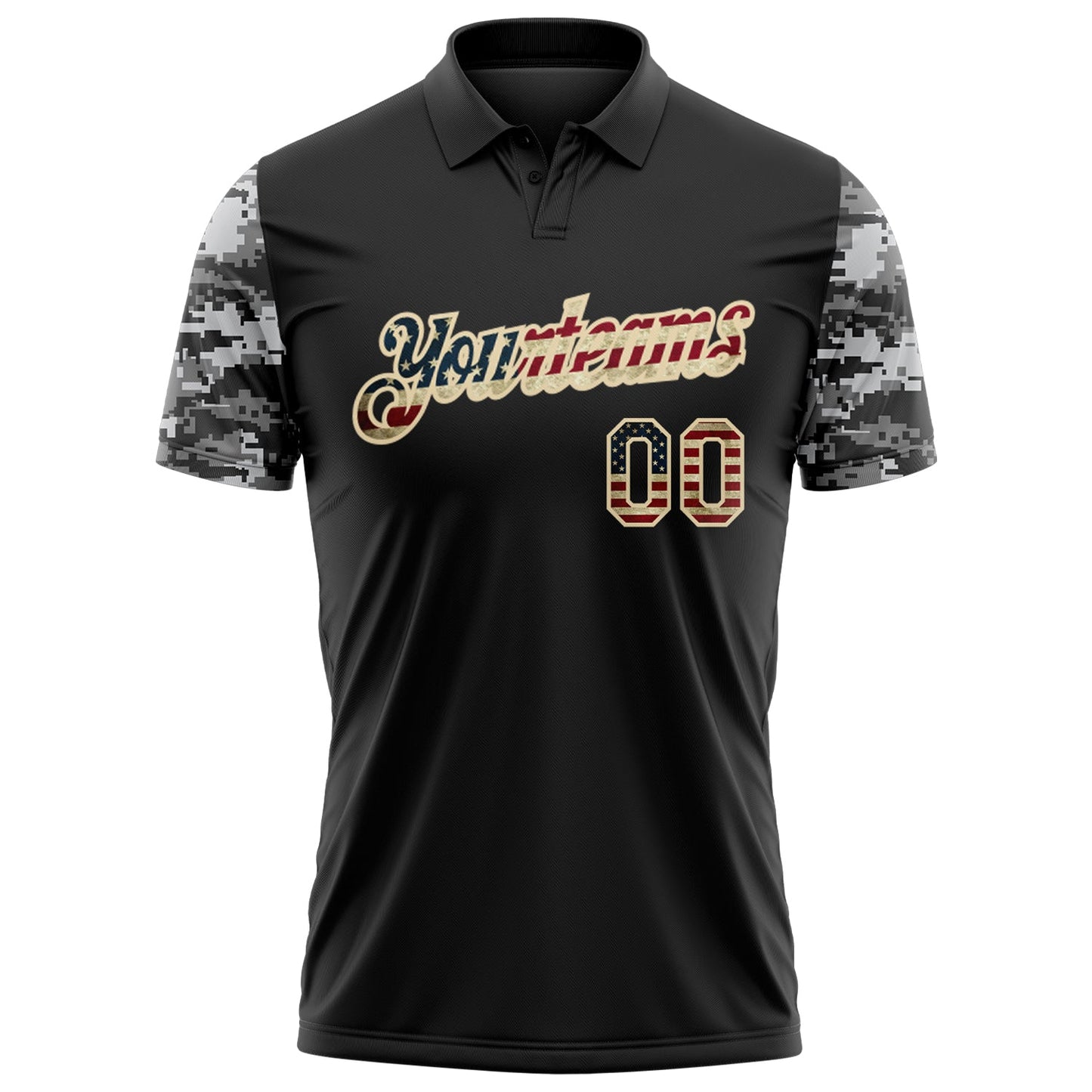 Custom Black Vintage USA Flag-Cream Camo Two Tone Patriotic Performance Polo Shirt view 2