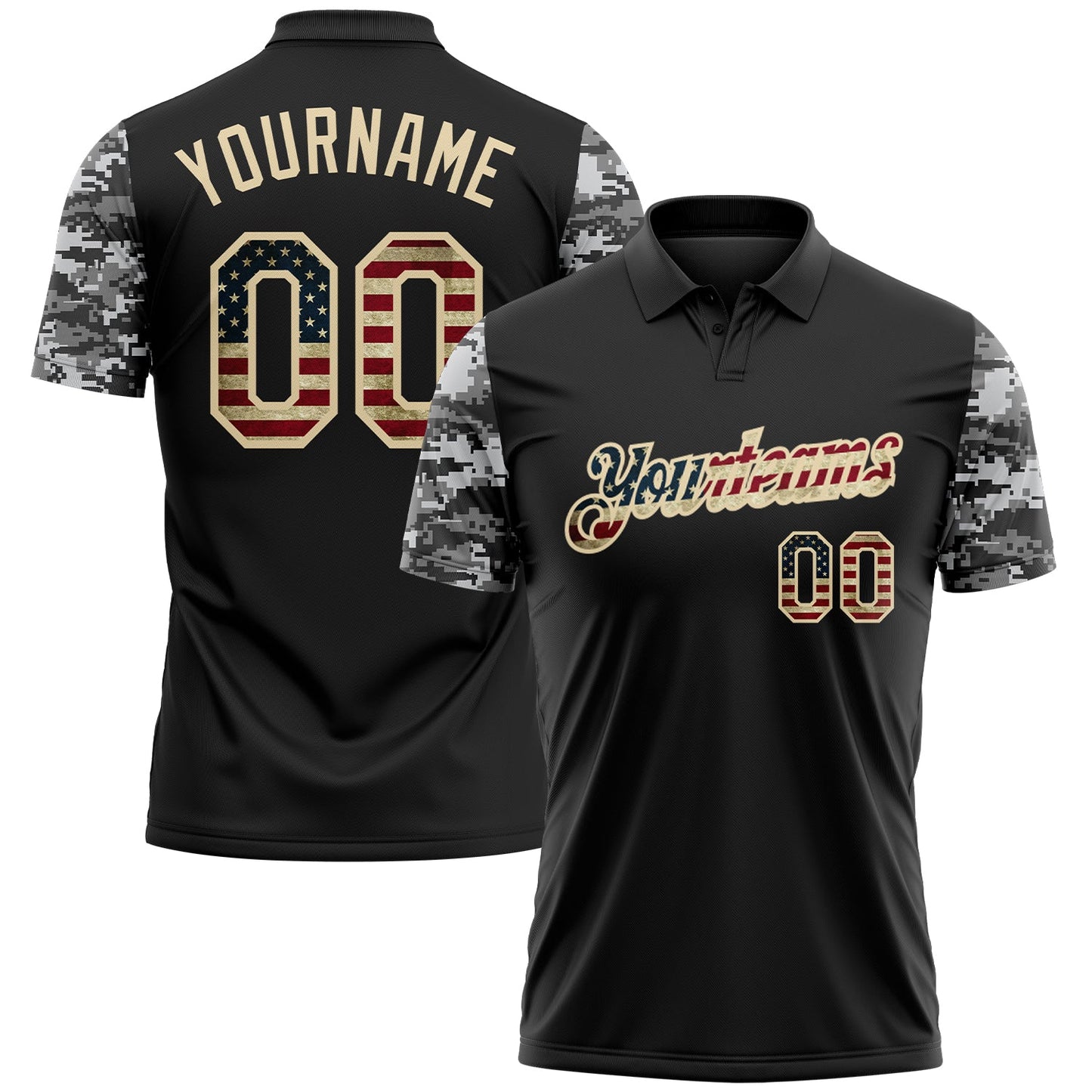 Custom Black Vintage USA Flag-Cream Camo Two Tone Patriotic Performance Polo Shirt - Main View