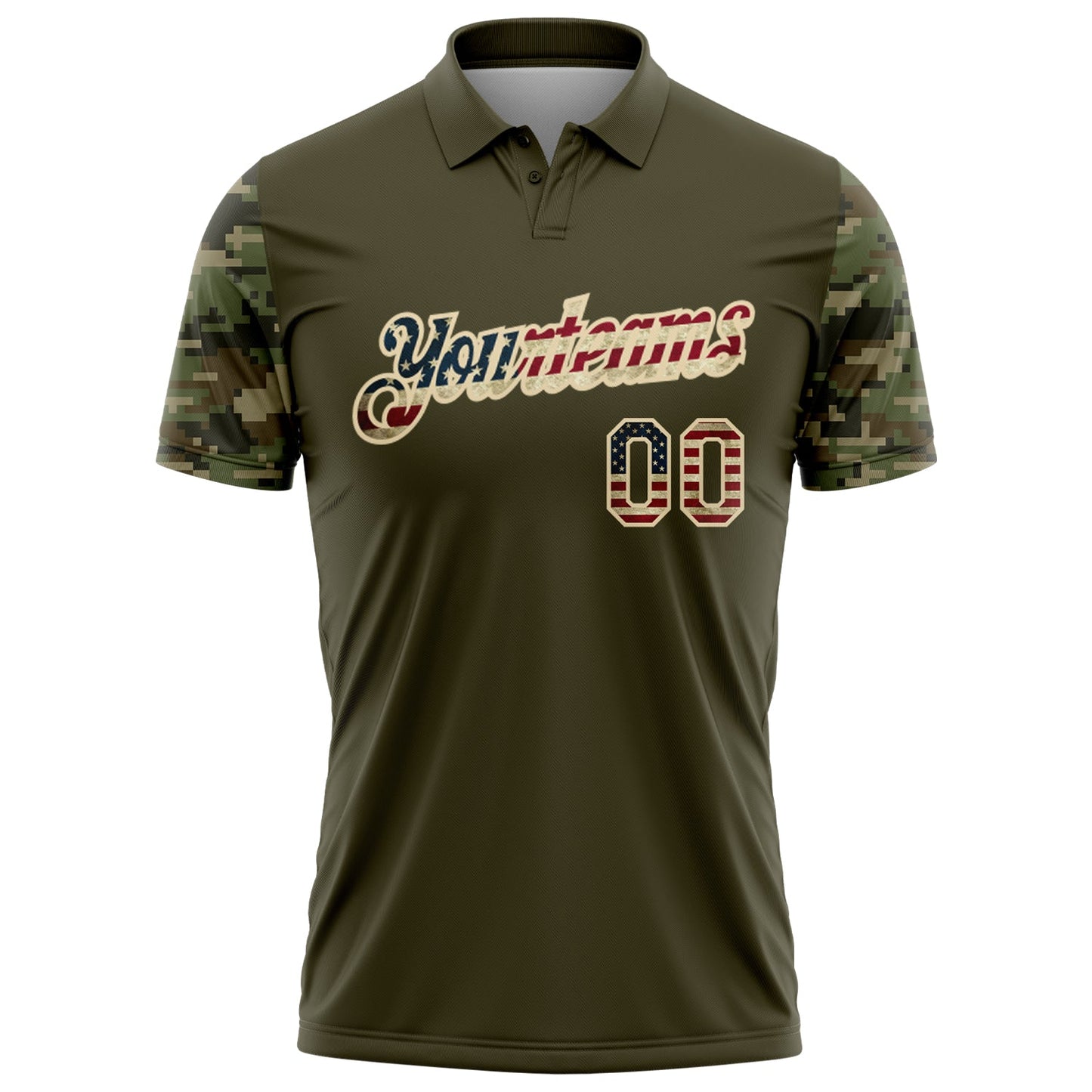 Custom Olive Vintage USA Flag-Cream Camo Two Tone Patriotic Performance Polo Shirt view 2