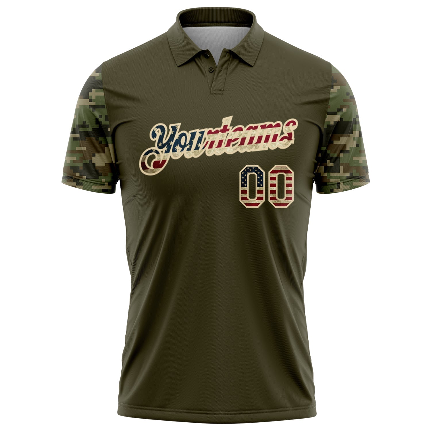Custom Olive Vintage USA Flag-Cream Camo Two Tone Patriotic Performance Polo Shirt view 2
