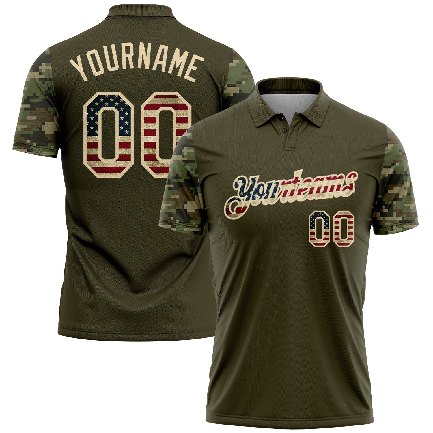 Custom Olive Vintage USA Flag-Cream Camo Two Tone Patriotic Performance Polo Shirt - Main View