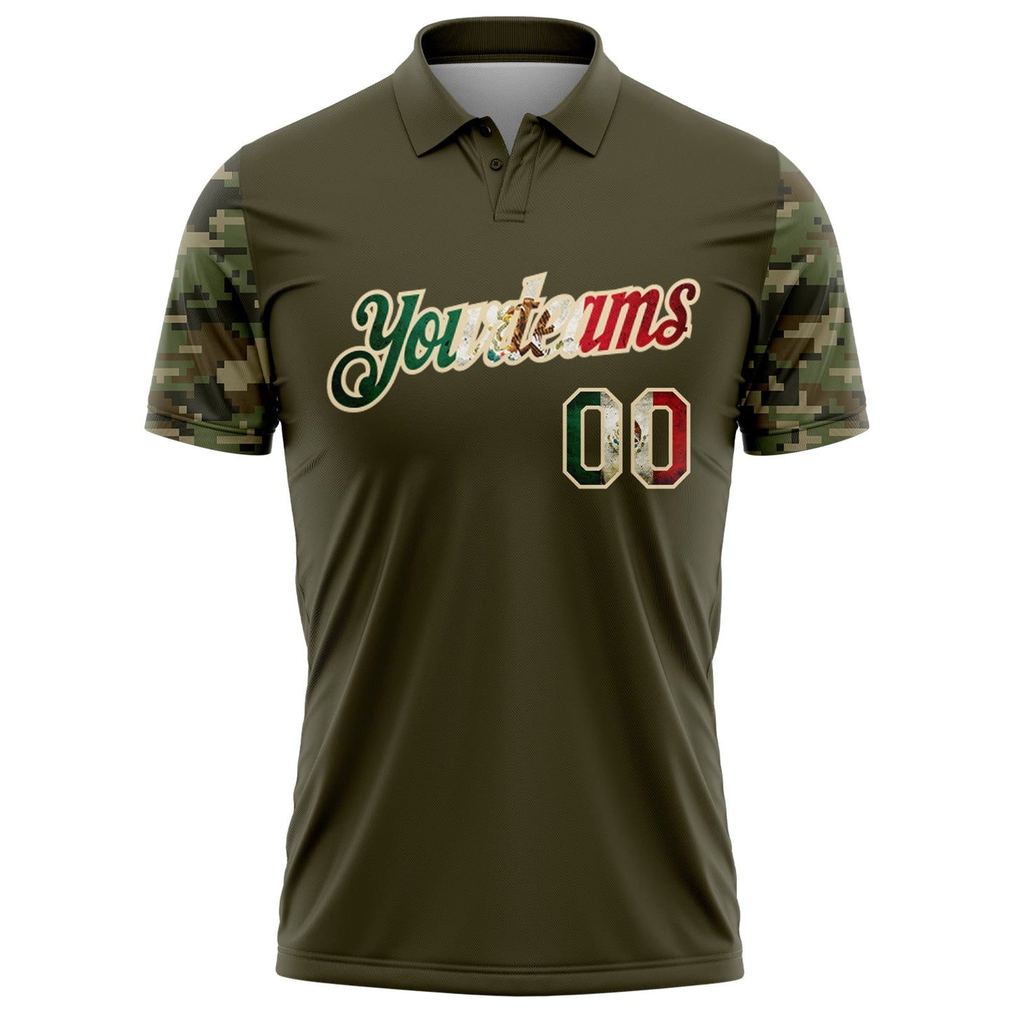 Custom Olive Vintage Mexican Flag-Cream Camo Two Tone Patriotic Performance Polo Shirt view 2