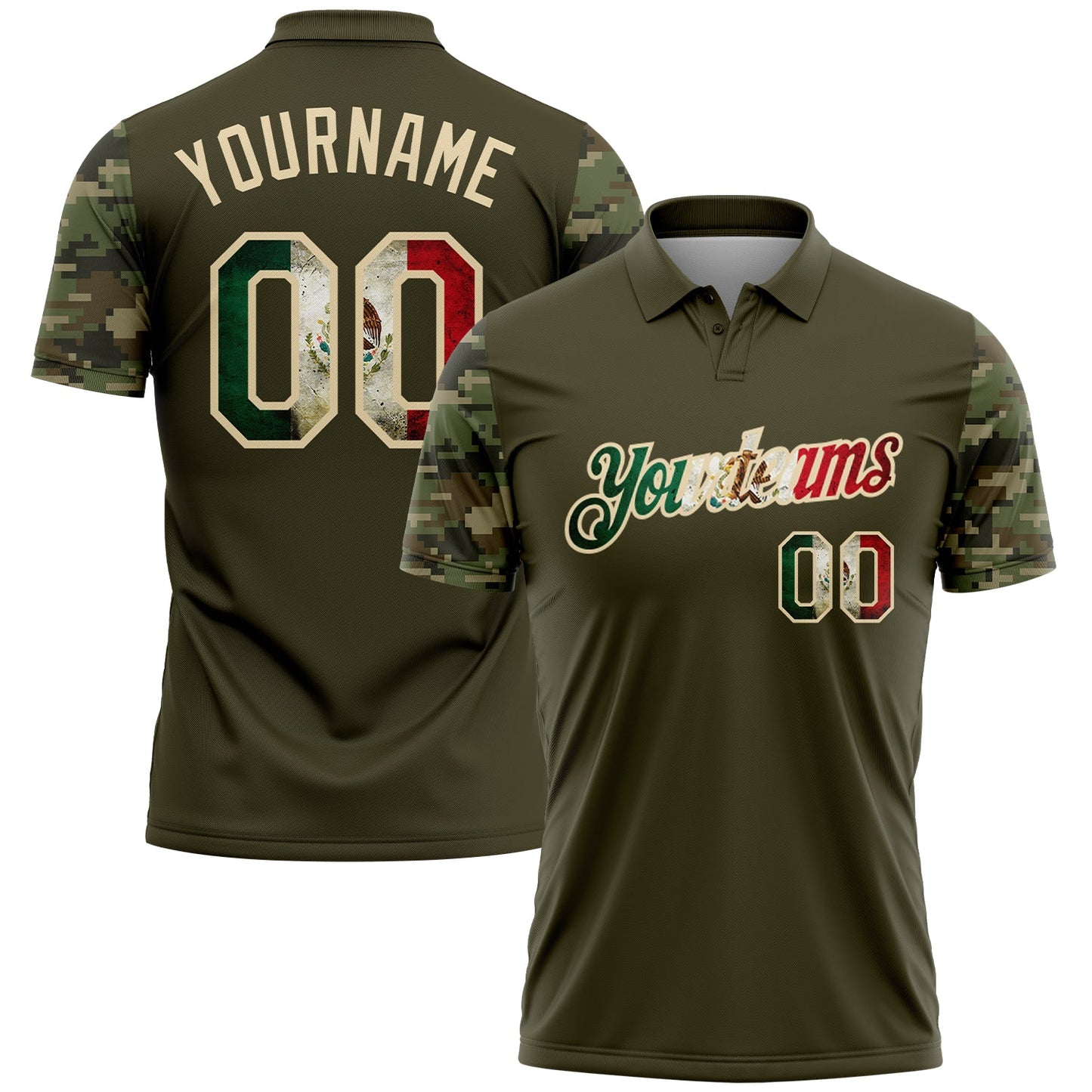 Custom Olive Vintage Mexican Flag-Cream Camo Two Tone Patriotic Performance Polo Shirt - Main View