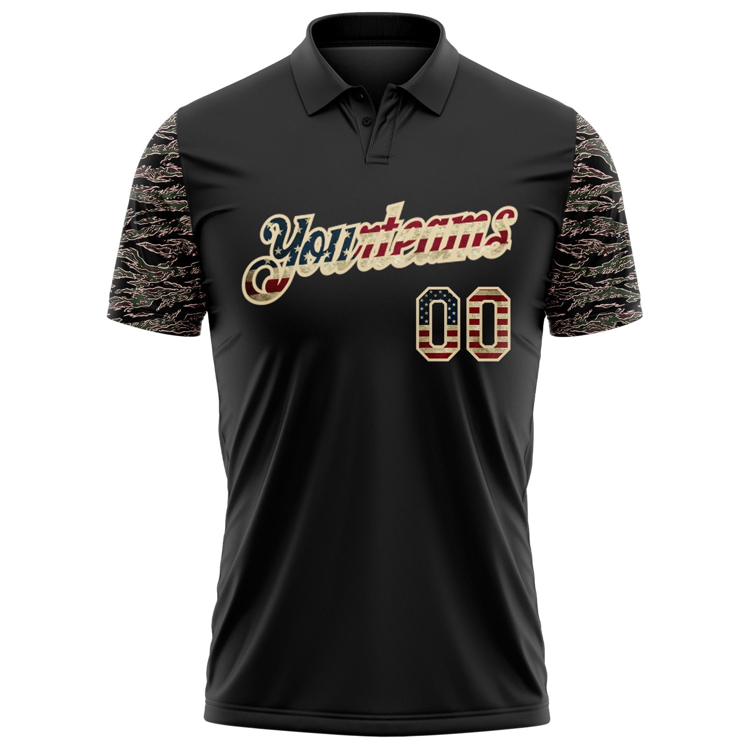 Custom Black Vintage USA Flag-Cream Camo Two Tone Patriotic Performance Polo Shirt view 2