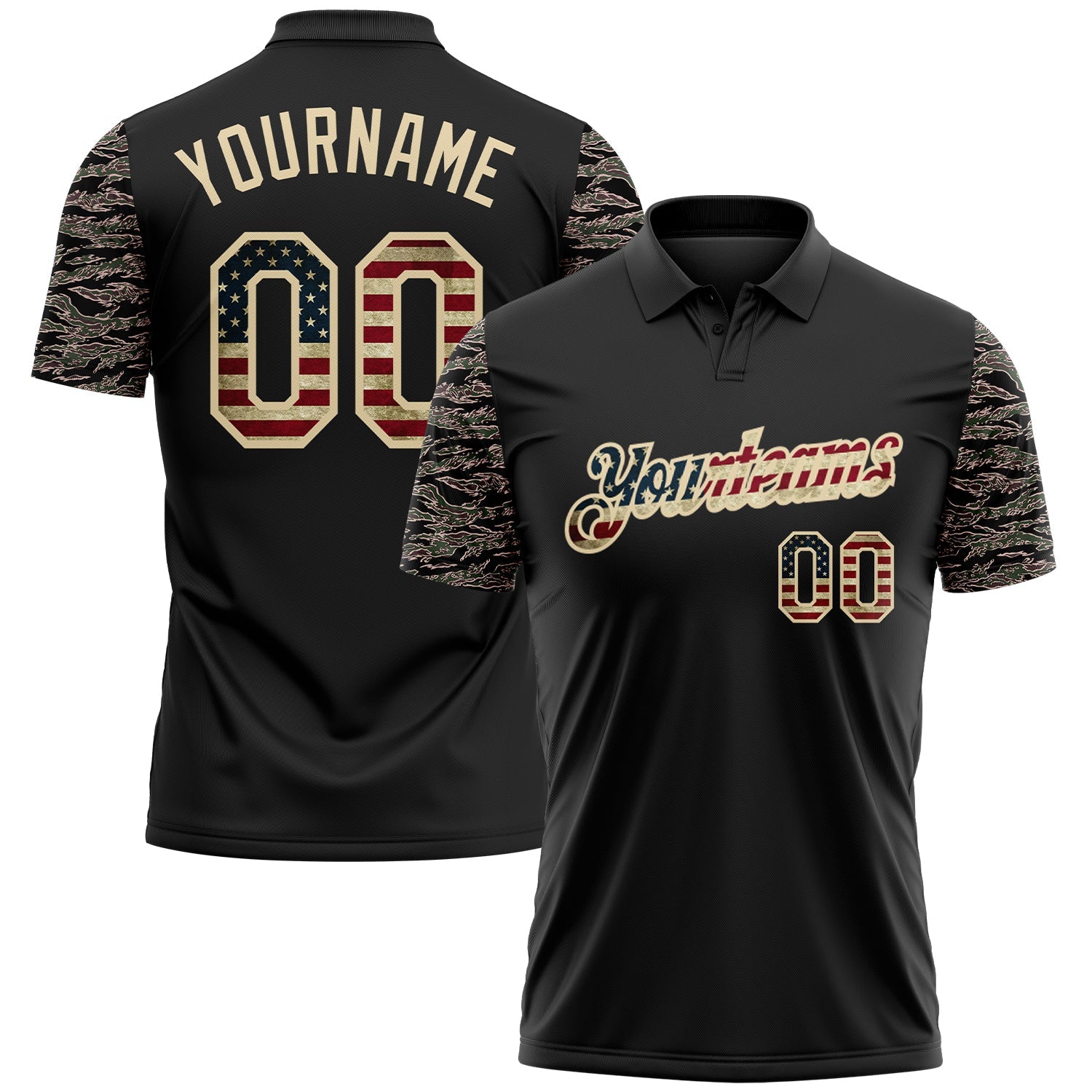 Custom Black Vintage USA Flag-Cream Camo Two Tone Patriotic Performance Polo Shirt - Main View