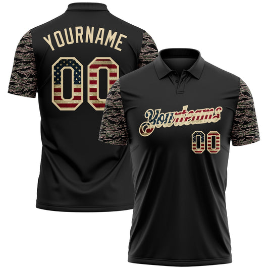 Custom Black Vintage USA Flag-Cream Camo Two Tone Patriotic Performance Polo Shirt - Main View
