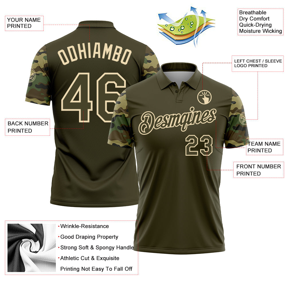 Custom Olive-Cream Camo Two Tone Performance Polo Shirt view 3