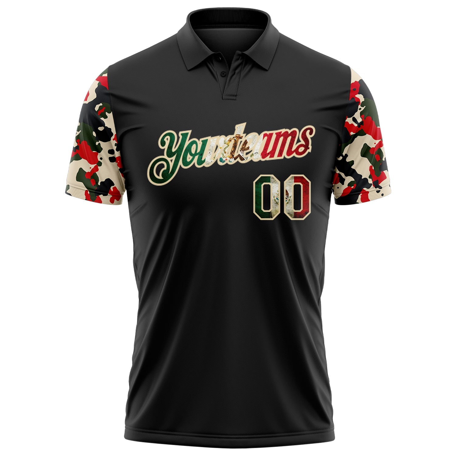 Custom Black Vintage Mexican Flag-Cream Camo Two Tone Patriotic Performance Polo Shirt view 2