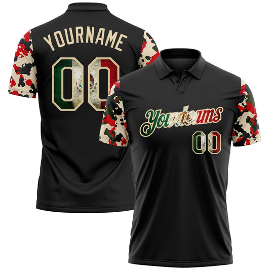 Custom Black Vintage Mexican Flag-Cream Camo Two Tone Patriotic Performance Polo Shirt - Main View