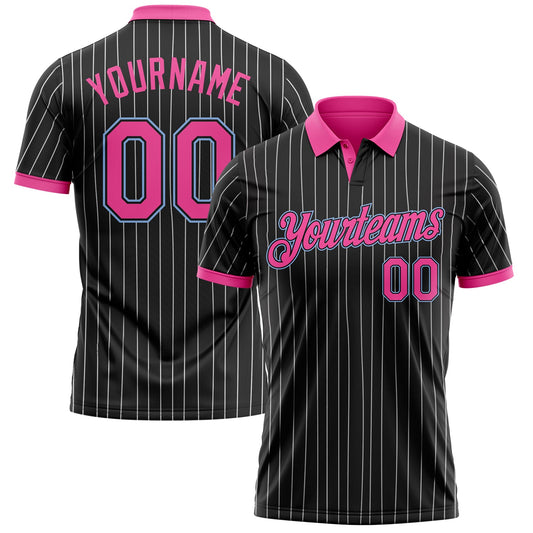 Custom Black White Pinstripe Pink-Light Blue Performance Polo Shirt - Main View