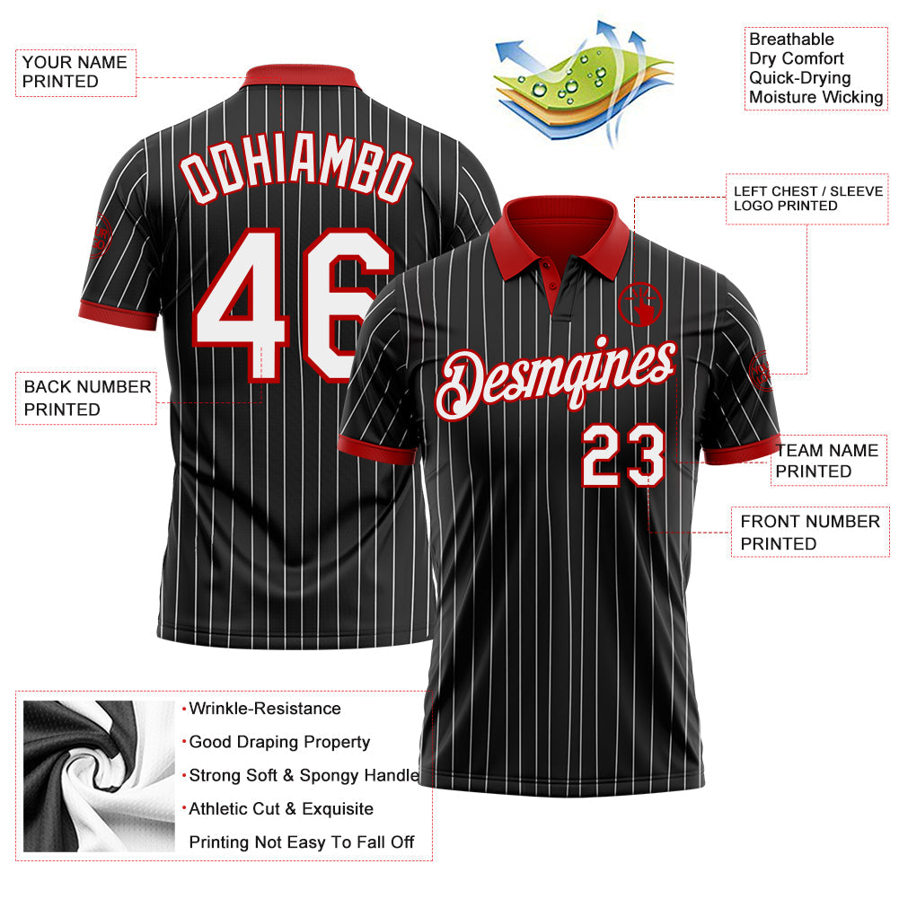 Custom Black White Pinstripe-Red Performance Polo Shirt view 3
