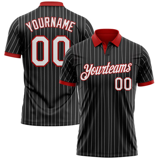 Custom Black White Pinstripe-Red Performance Polo Shirt - Main View