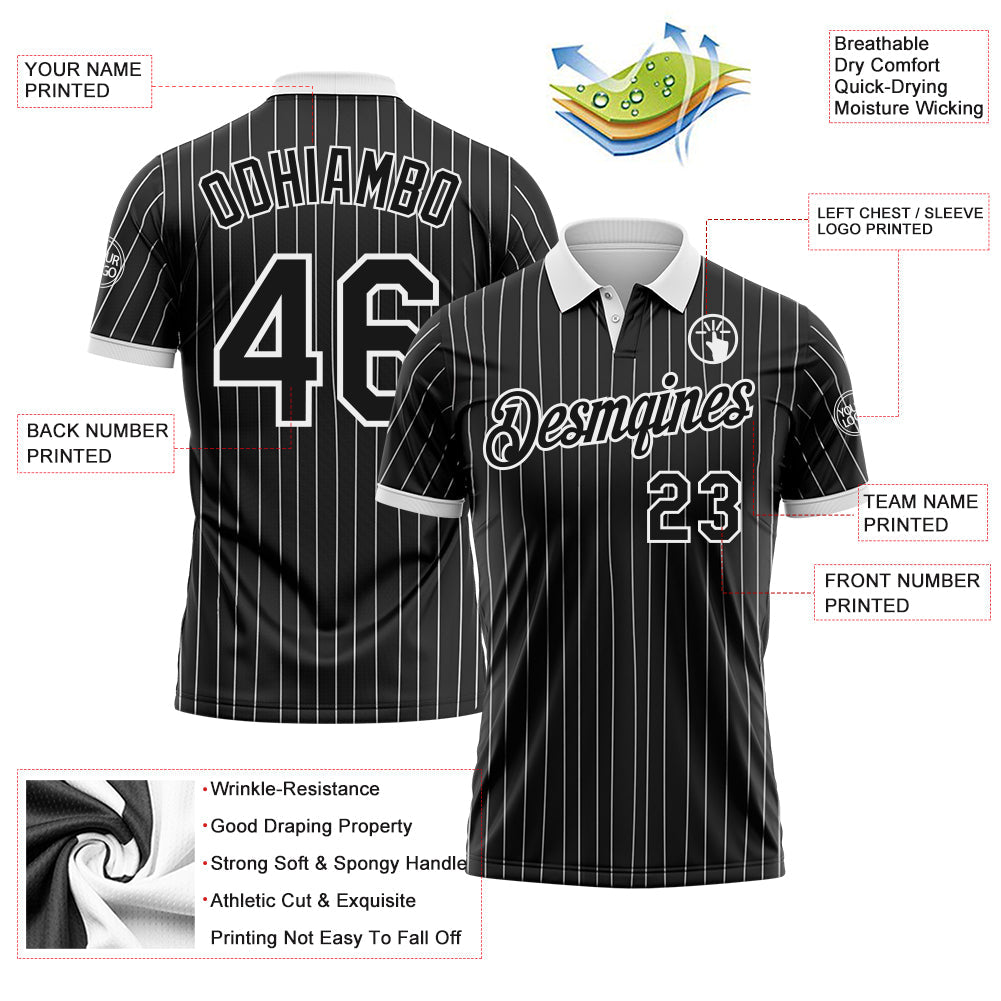 Custom Black White Pinstripe-White Performance Polo Shirt view 3