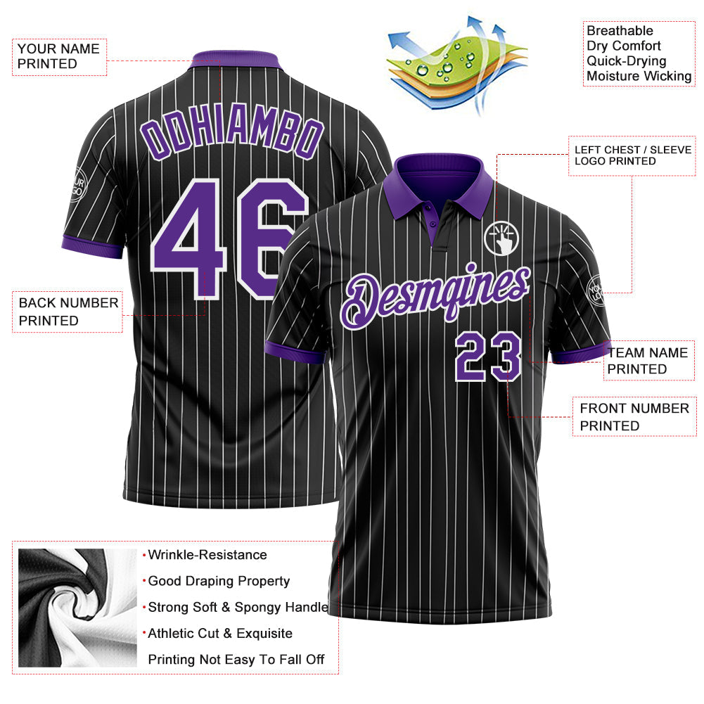 Custom Black White Pinstripe-Purple Performance Polo Shirt view 3