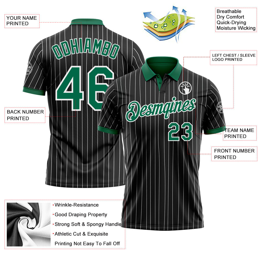 Custom Black White Pinstripe-Kelly Green Performance Polo Shirt view 3