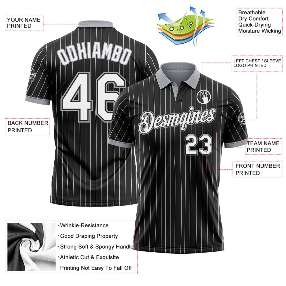 Custom Black White Pinstripe-Gray Performance Polo Shirt view 3