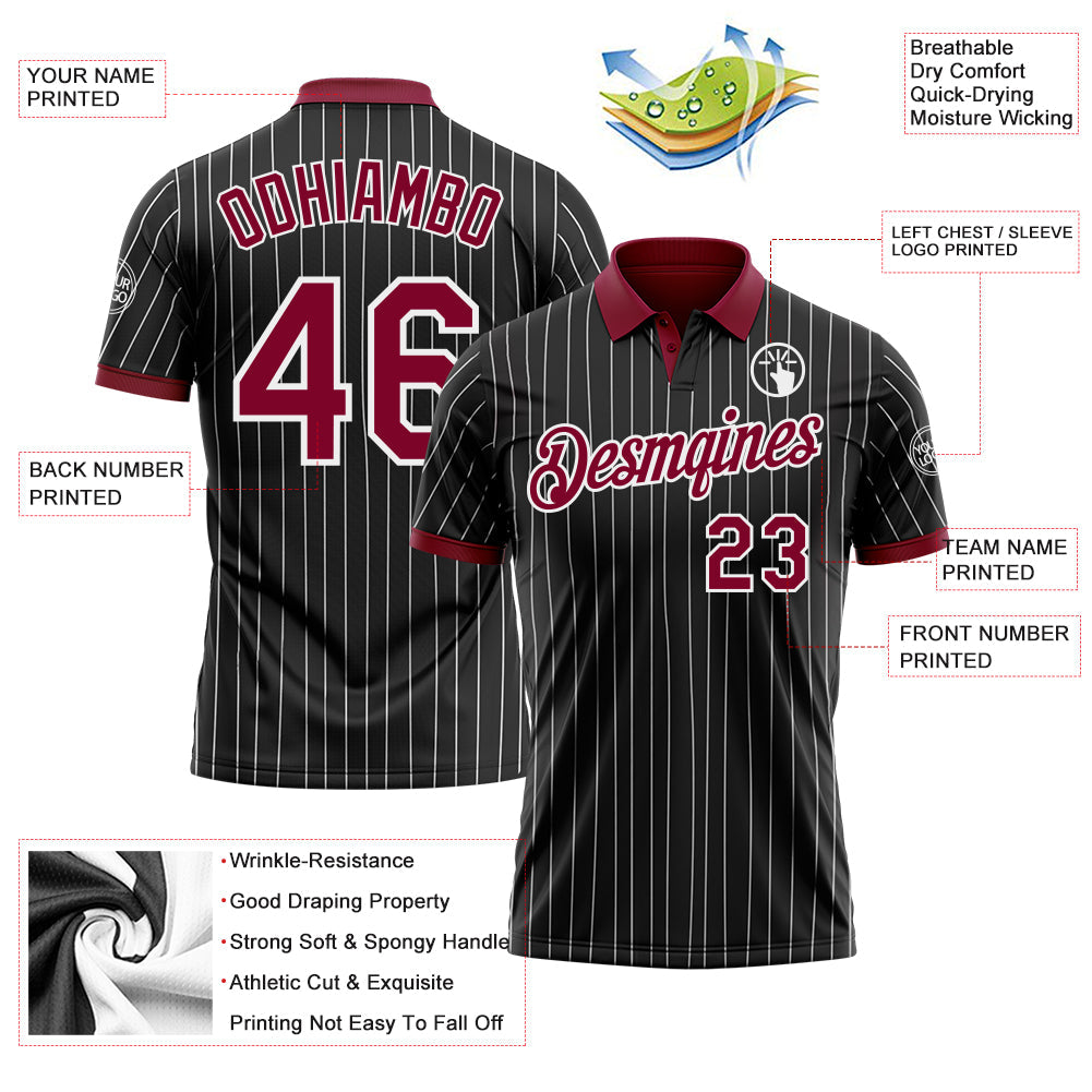 Custom Black White Pinstripe-Crimson Performance Polo Shirt view 3