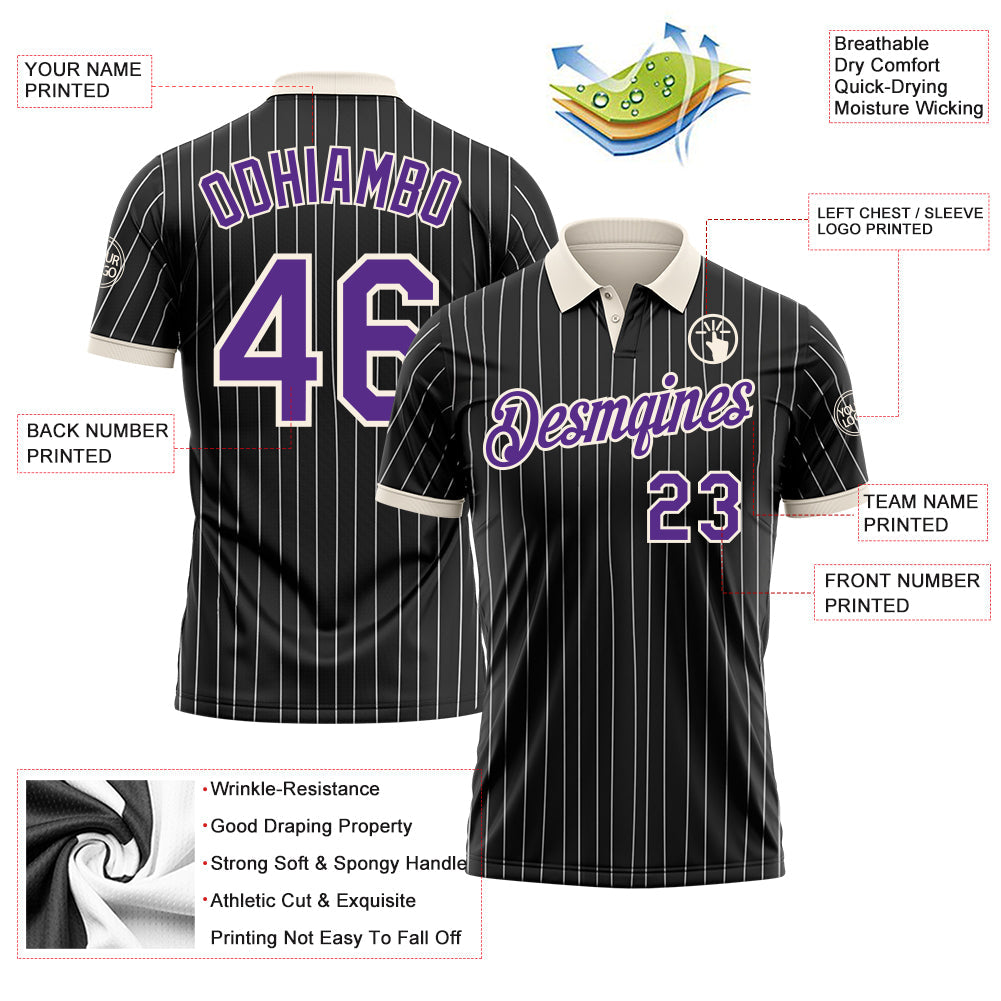 Custom Black White Pinstripe Purple-Cream Performance Polo Shirt view 3