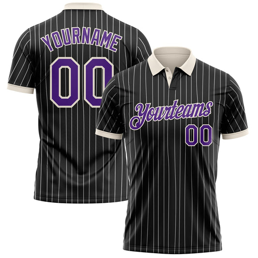 Custom Black White Pinstripe Purple-Cream Performance Polo Shirt - Main View