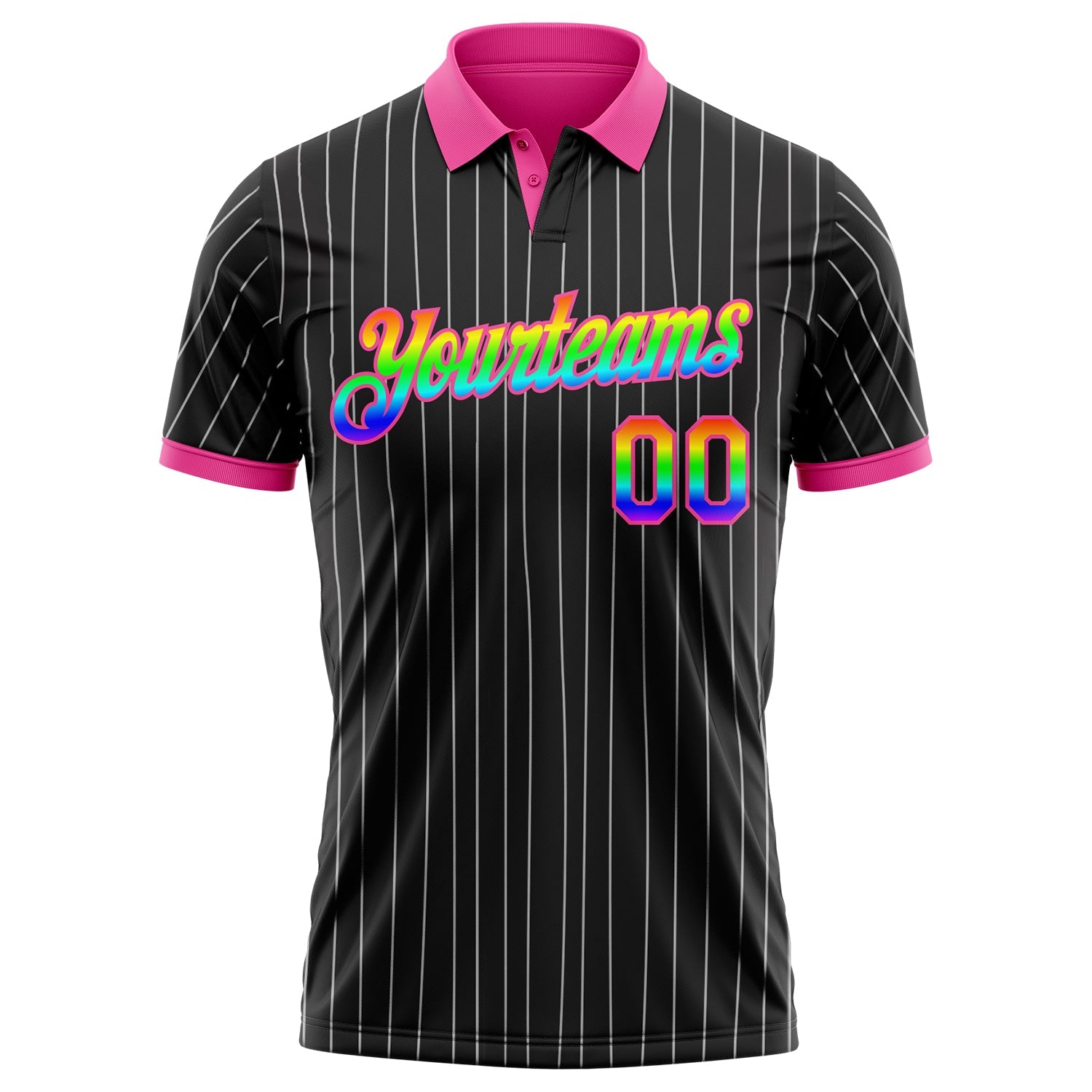 Custom Black White Pinstripe Rainbow-Pink Performance Polo Shirt view 2