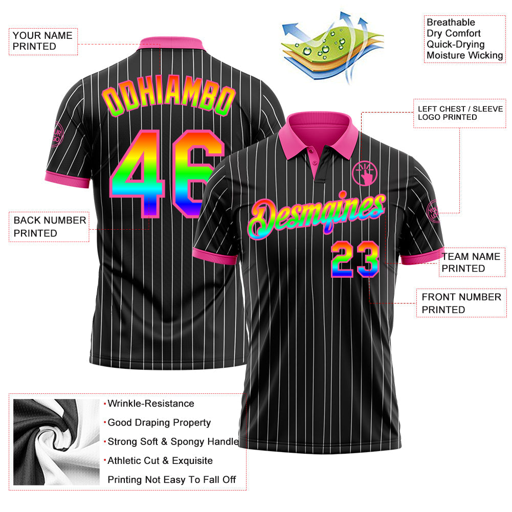 Custom Black White Pinstripe Rainbow-Pink Performance Polo Shirt view 3