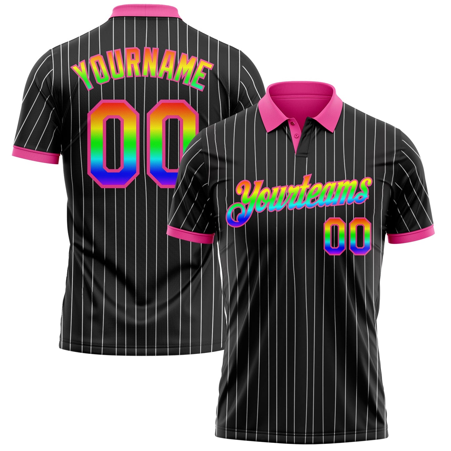 Custom Black White Pinstripe Rainbow-Pink Performance Polo Shirt - Main View