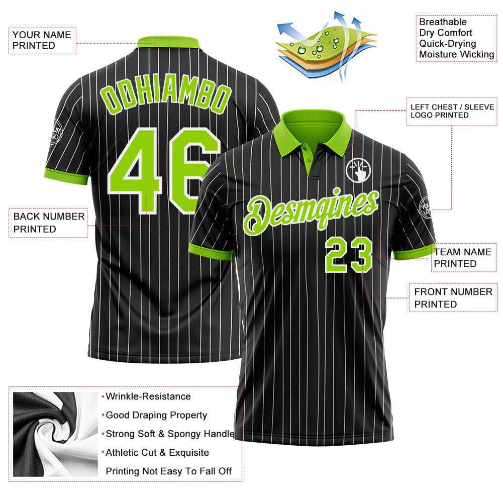 Custom Black White Pinstripe-Neon Green Performance Polo Shirt view 3
