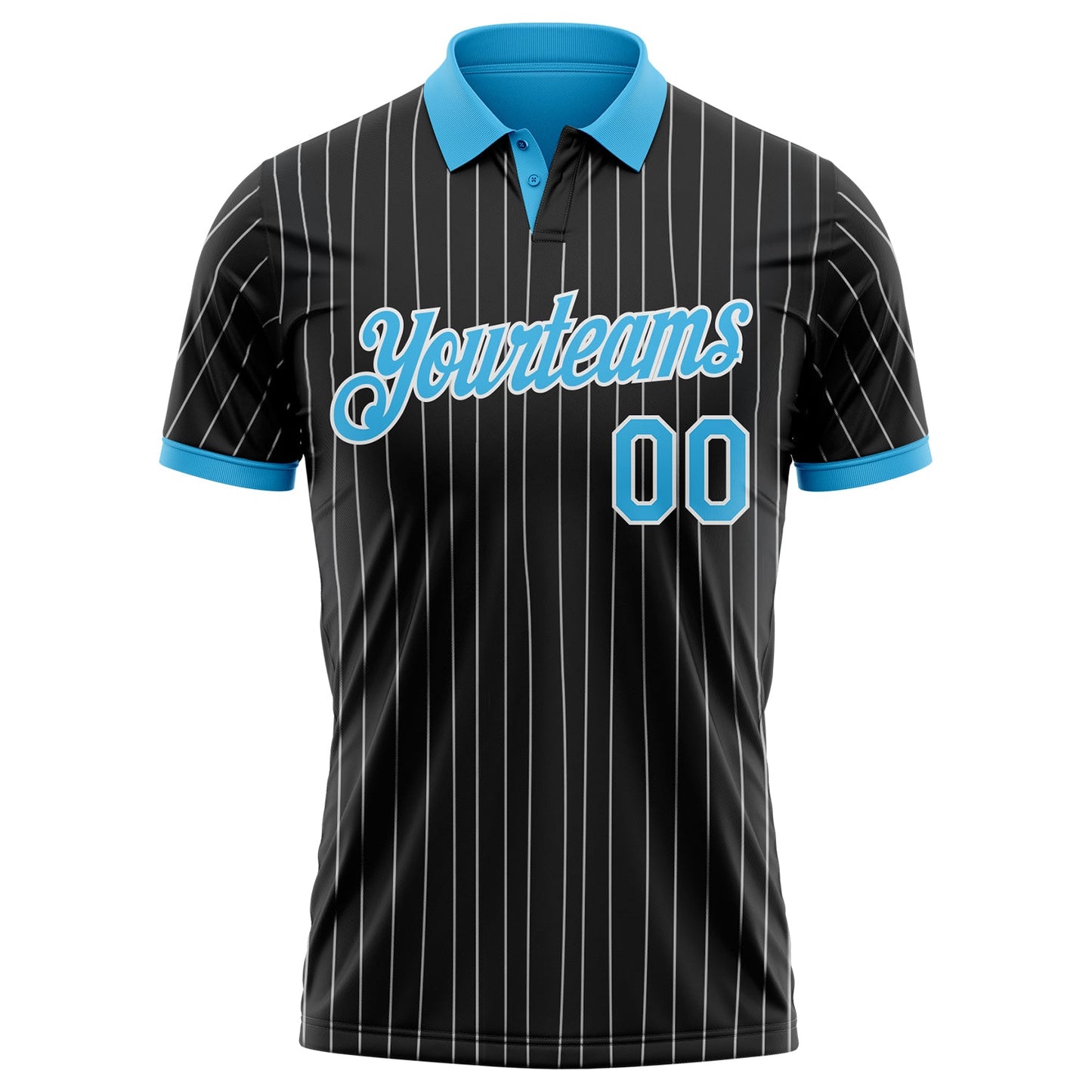 Custom Black White Pinstripe-Sky Blue Performance Polo Shirt view 2