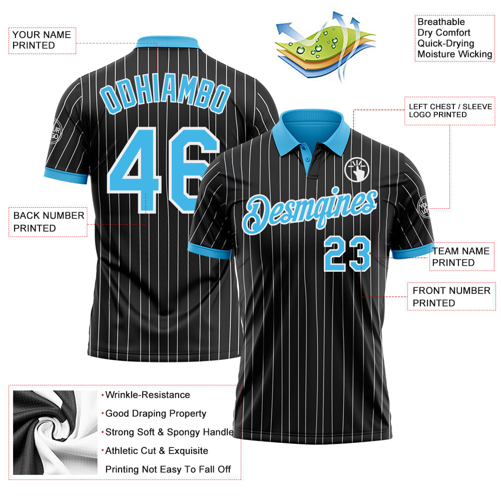 Custom Black White Pinstripe-Sky Blue Performance Polo Shirt view 3