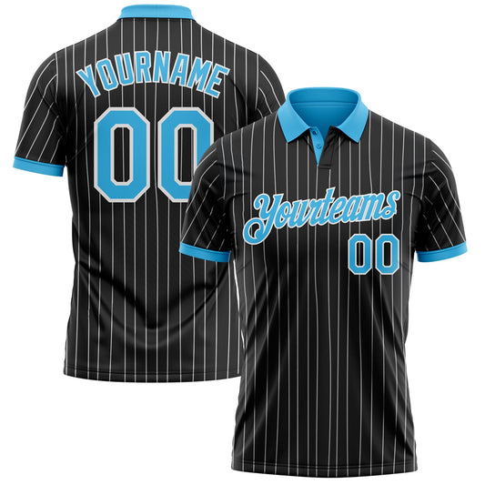 Custom Black White Pinstripe-Sky Blue Performance Polo Shirt - Main View