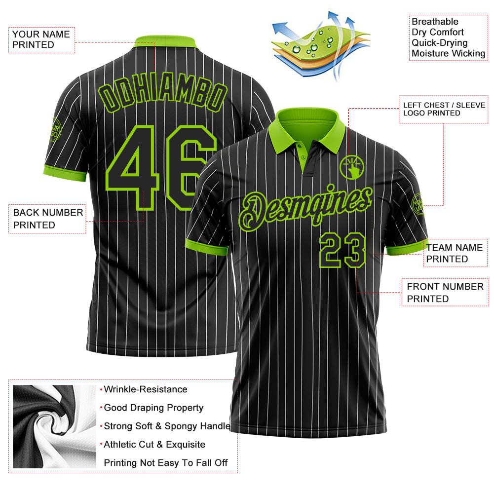 Custom Black White Pinstripe-Neon Green Performance Polo Shirt view 3
