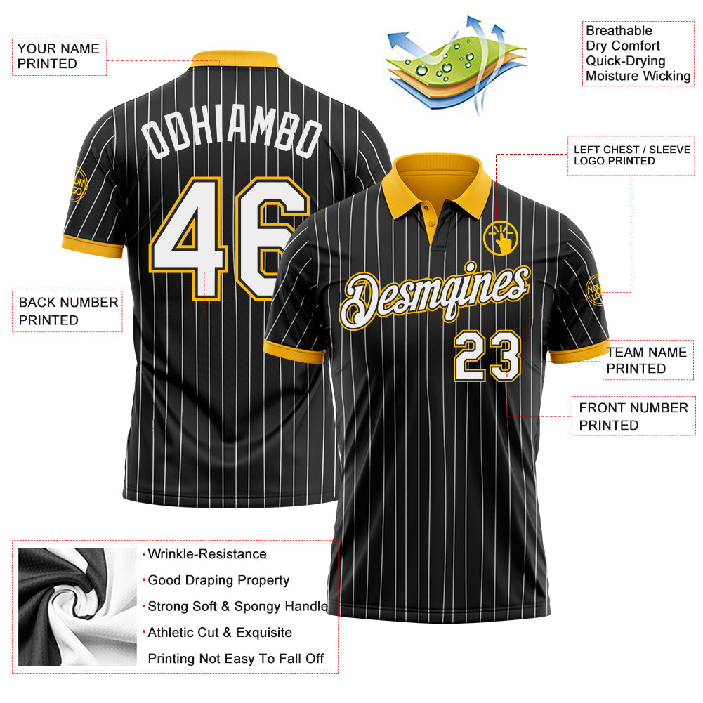 Custom Black White Pinstripe-Gold Performance Polo Shirt view 3