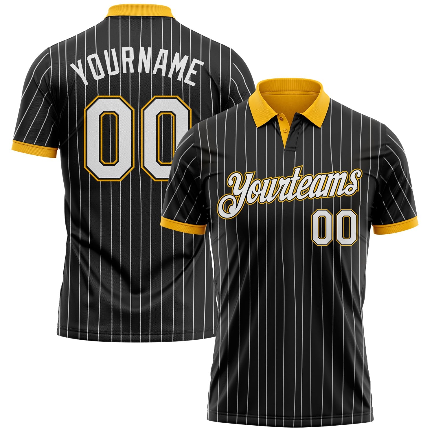 Custom Black White Pinstripe-Gold Performance Polo Shirt - Main View