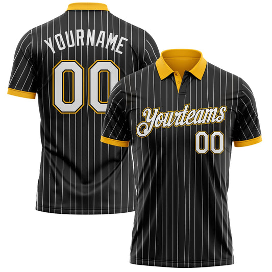 Custom Black White Pinstripe-Gold Performance Polo Shirt - Main View
