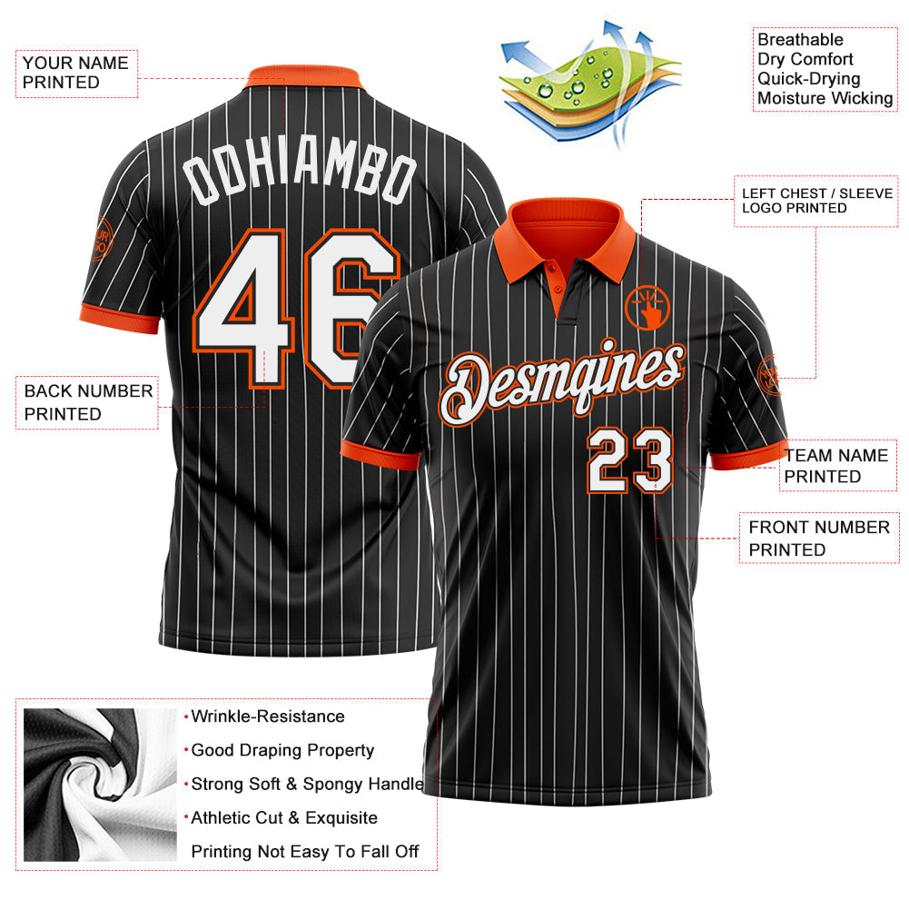 Custom Black White Pinstripe-Orange Performance Polo Shirt view 3