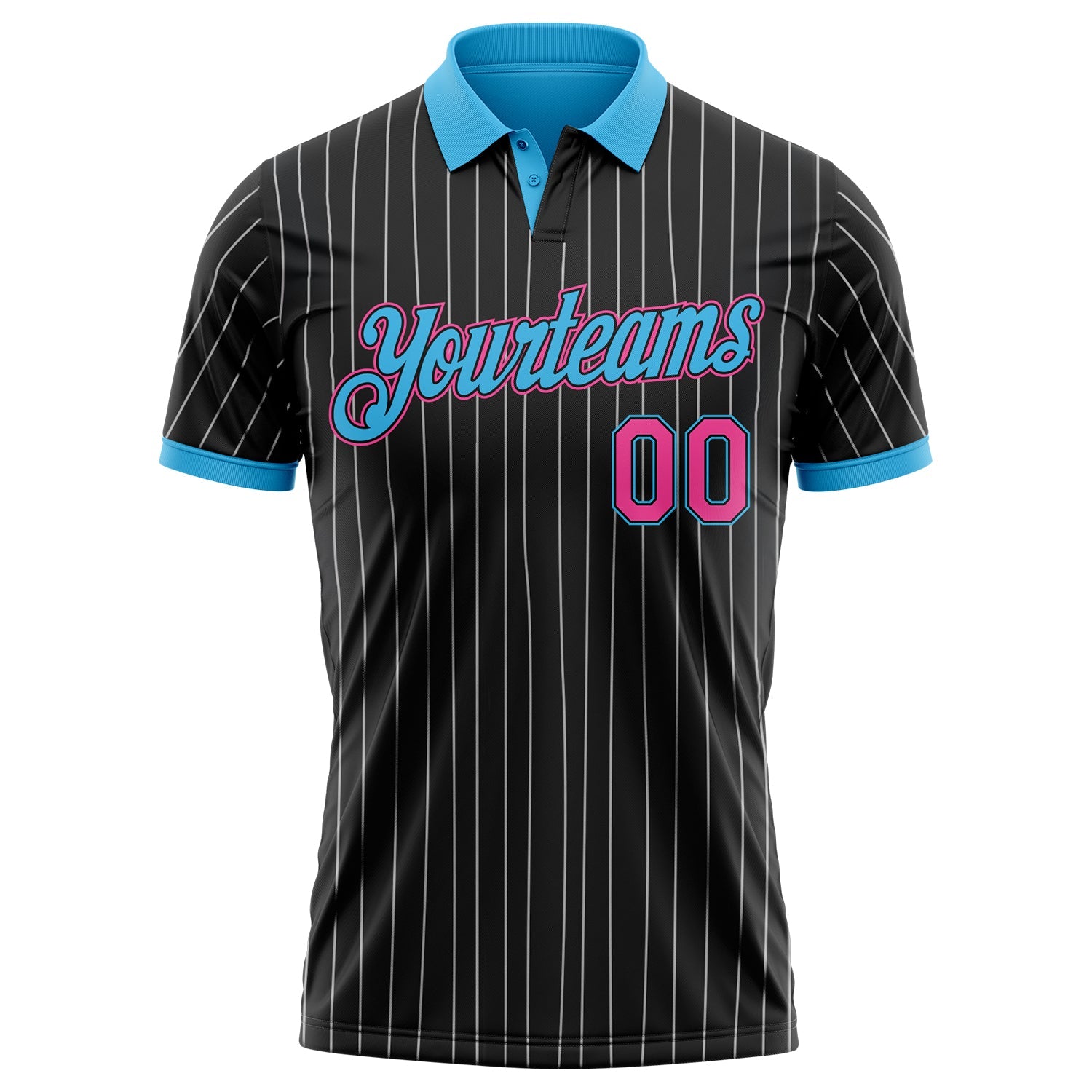 Custom Black White Pinstripe Pink-Sky Blue Performance Polo Shirt view 2