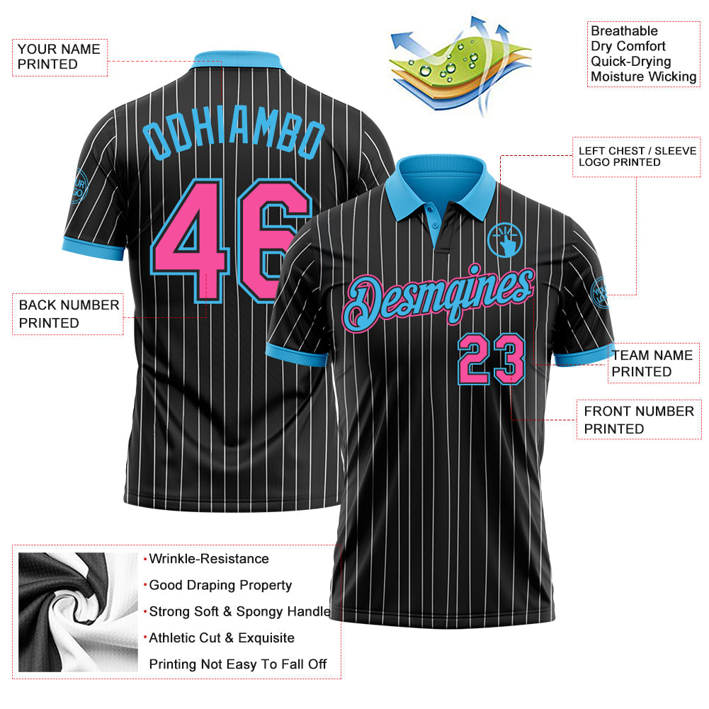 Custom Black White Pinstripe Pink-Sky Blue Performance Polo Shirt view 3