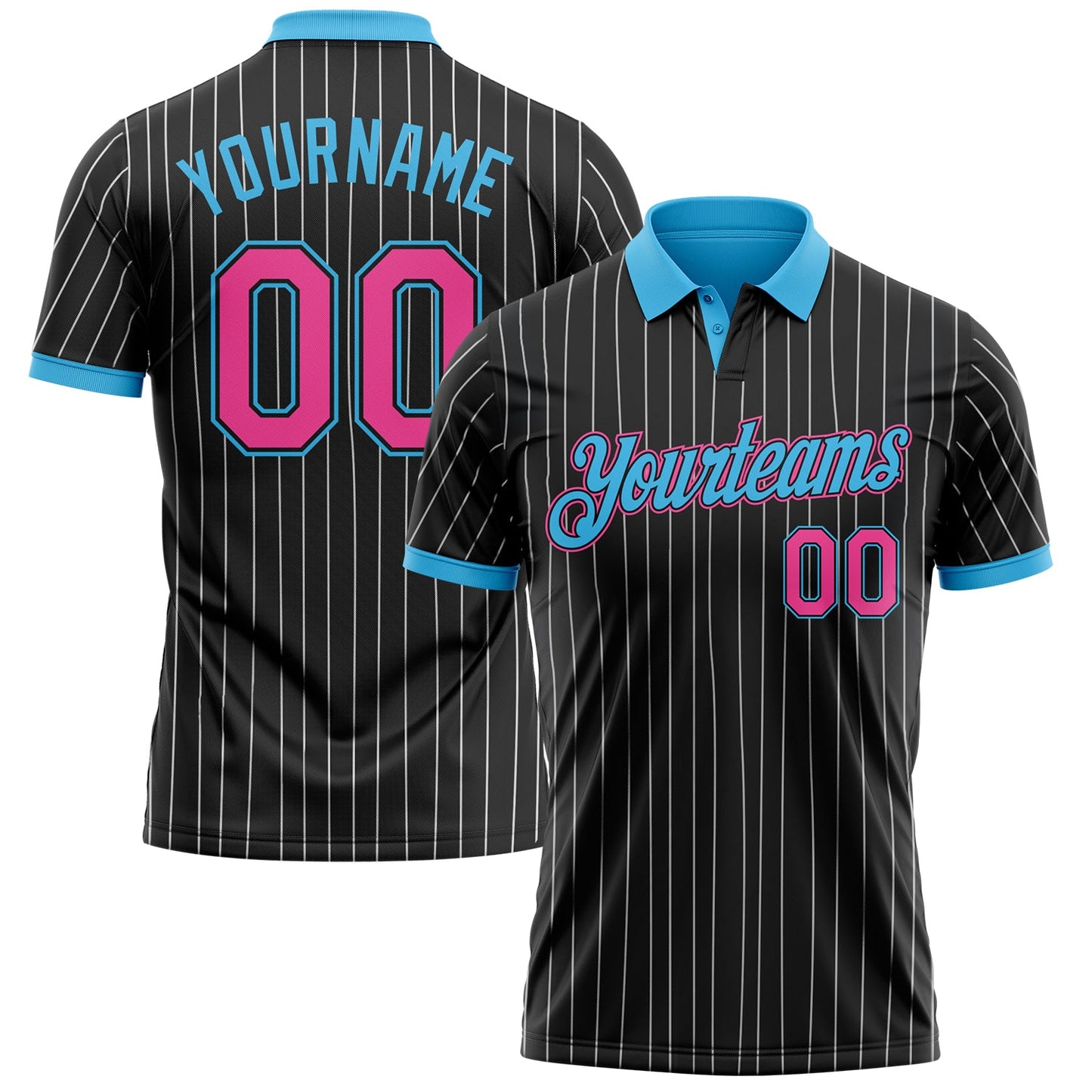 Custom Black White Pinstripe Pink-Sky Blue Performance Polo Shirt - Main View