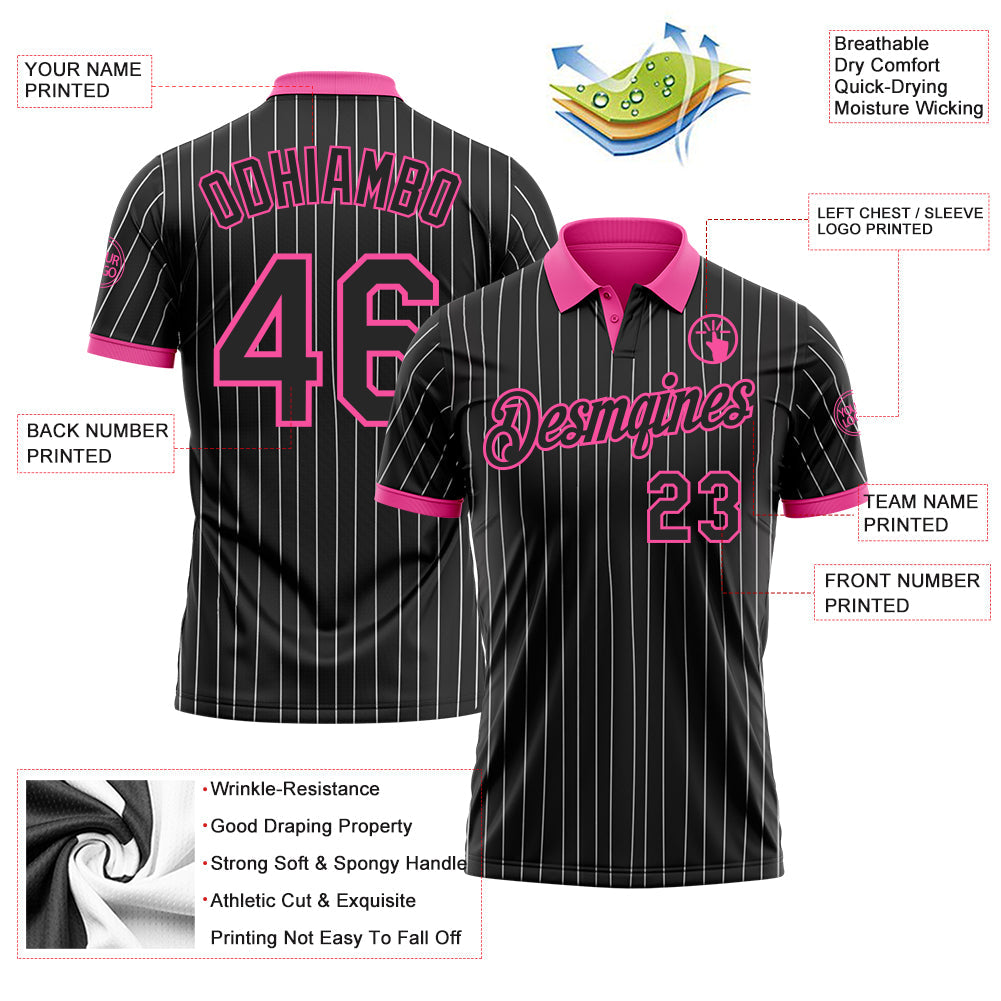 Custom Black White Pinstripe-Pink Performance Polo Shirt view 3