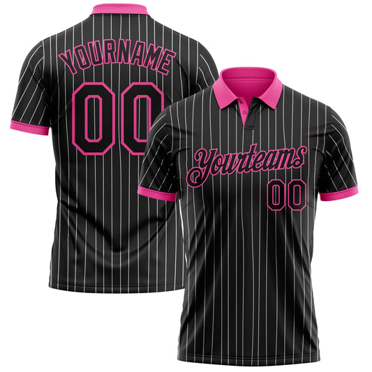 Custom Black White Pinstripe-Pink Performance Polo Shirt - Main View