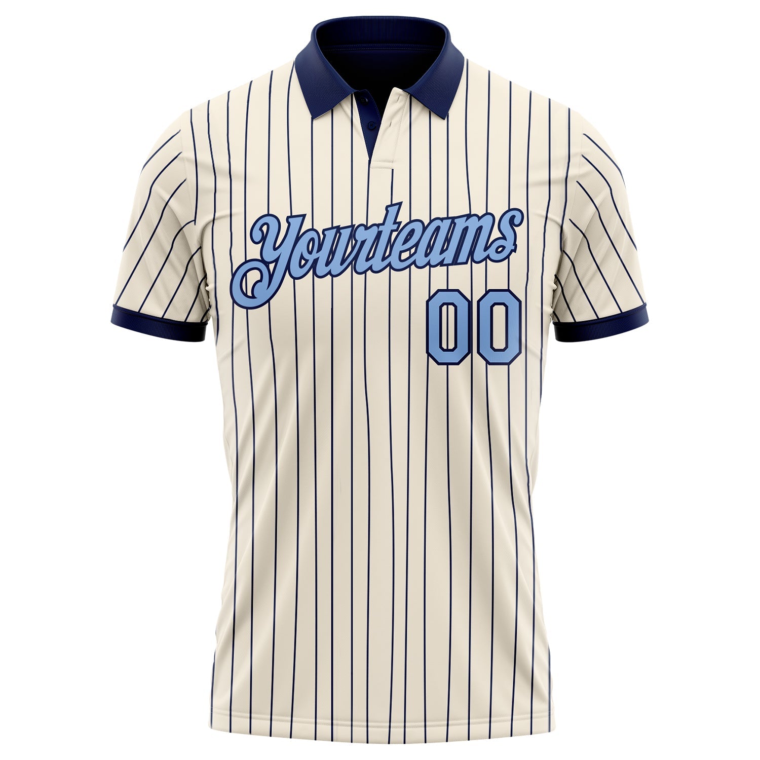 Custom Cream Navy Pinstripe-Light Blue Performance Polo Shirt view 2