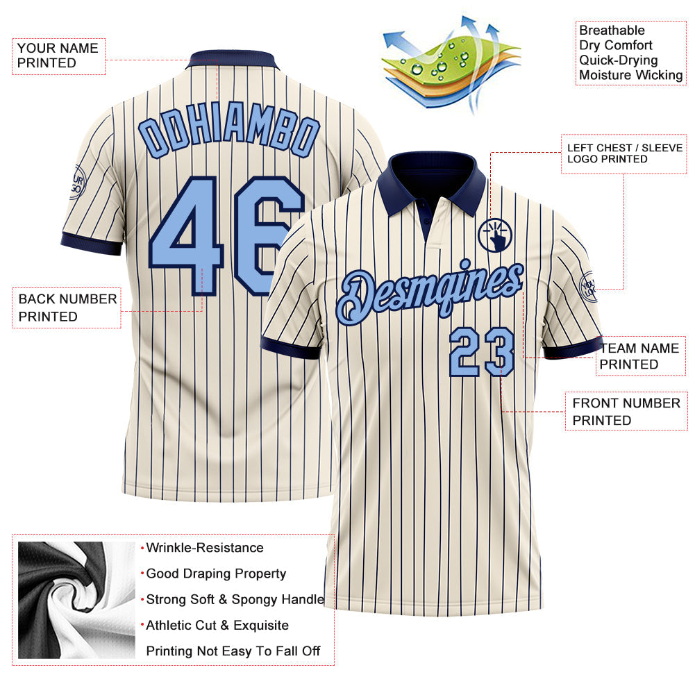 Custom Cream Navy Pinstripe-Light Blue Performance Polo Shirt view 3
