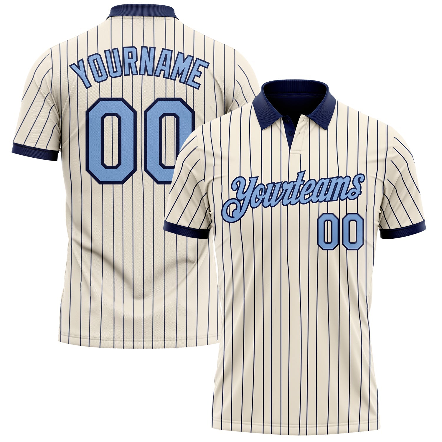 Custom Cream Navy Pinstripe-Light Blue Performance Polo Shirt - Main View