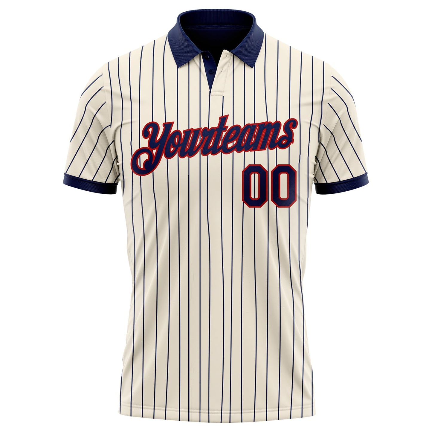 Custom Cream Navy Pinstripe-Red Performance Polo Shirt view 2