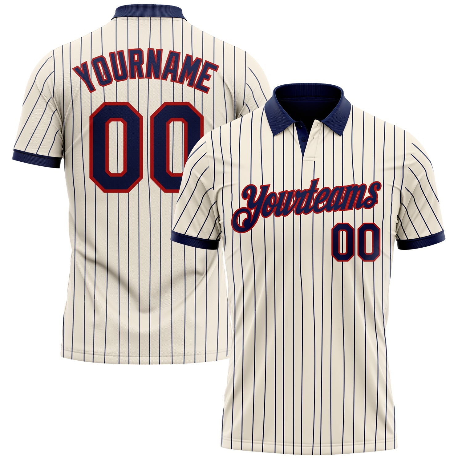 Custom Cream Navy Pinstripe-Red Performance Polo Shirt - Main View