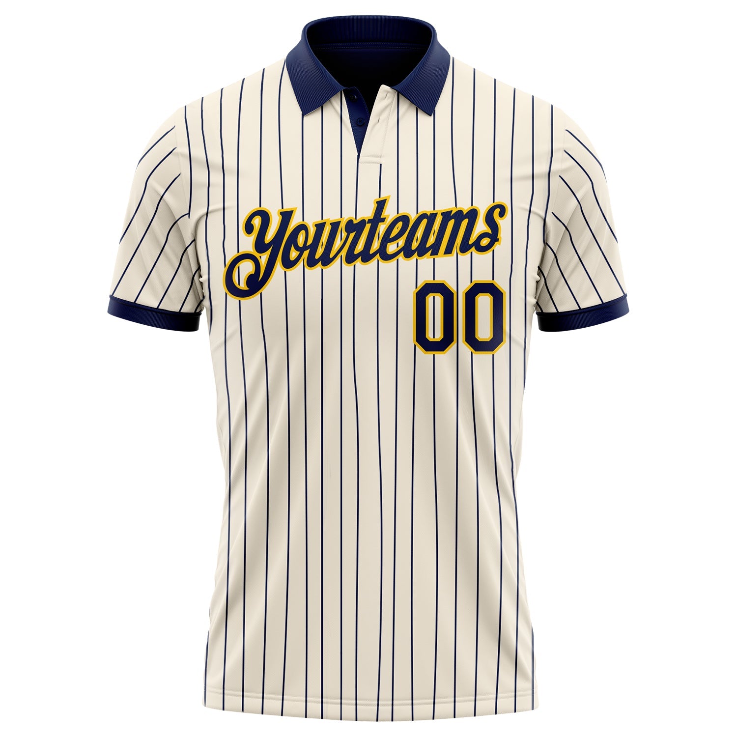 Custom Cream Navy Pinstripe-Yellow Performance Polo Shirt view 2